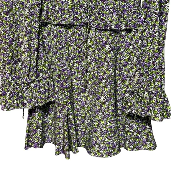 Les Reveries Ruffle Picnic Mini Floral 100% Silk Dress in Ditsy Purple Pansies - Picture 4 of 12